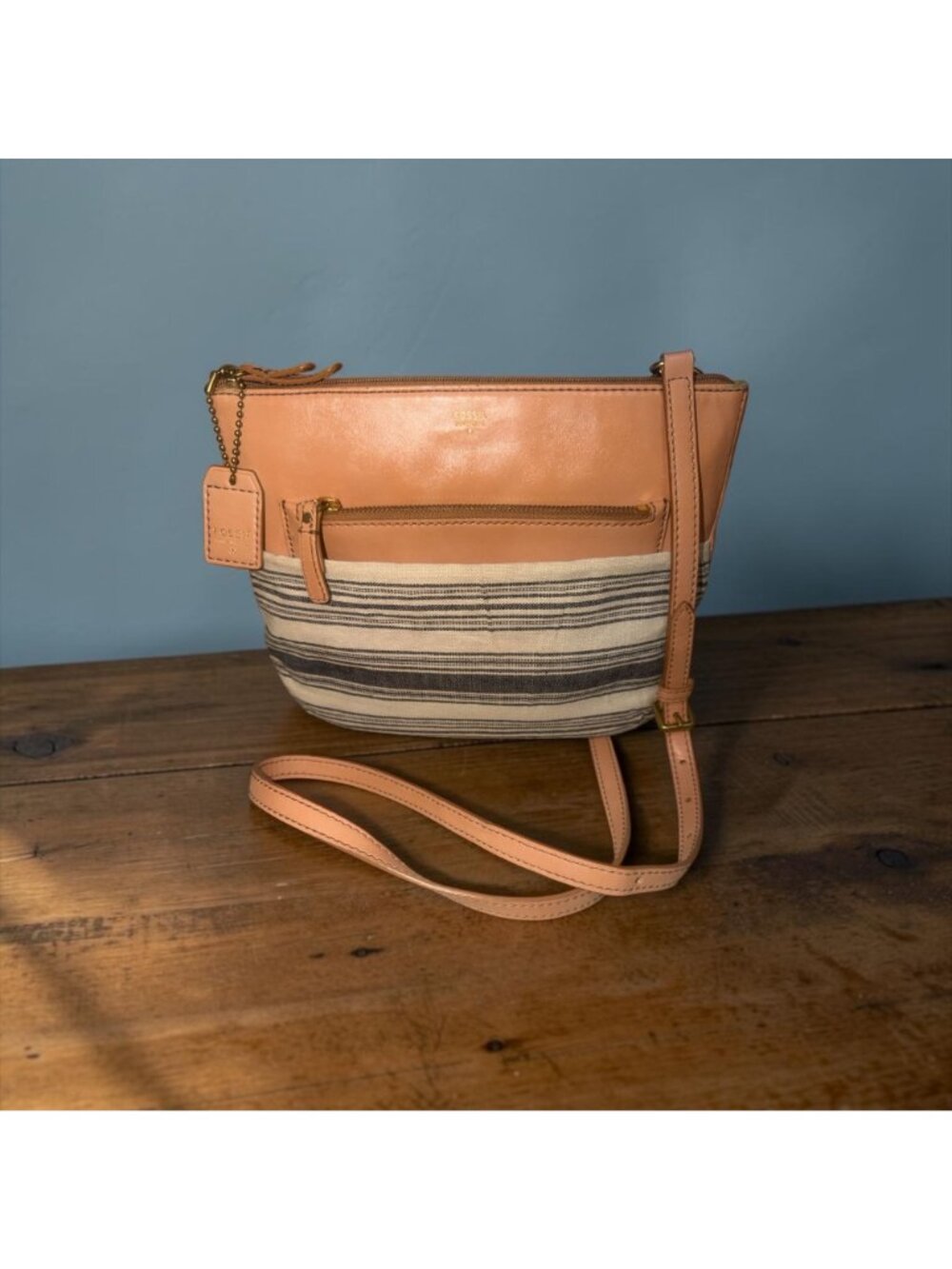 VTG Fossil Issue No 1954 Explorer Series Crossbody Striped Canvas Tan Bag VEGAN - Picture 2 of 10